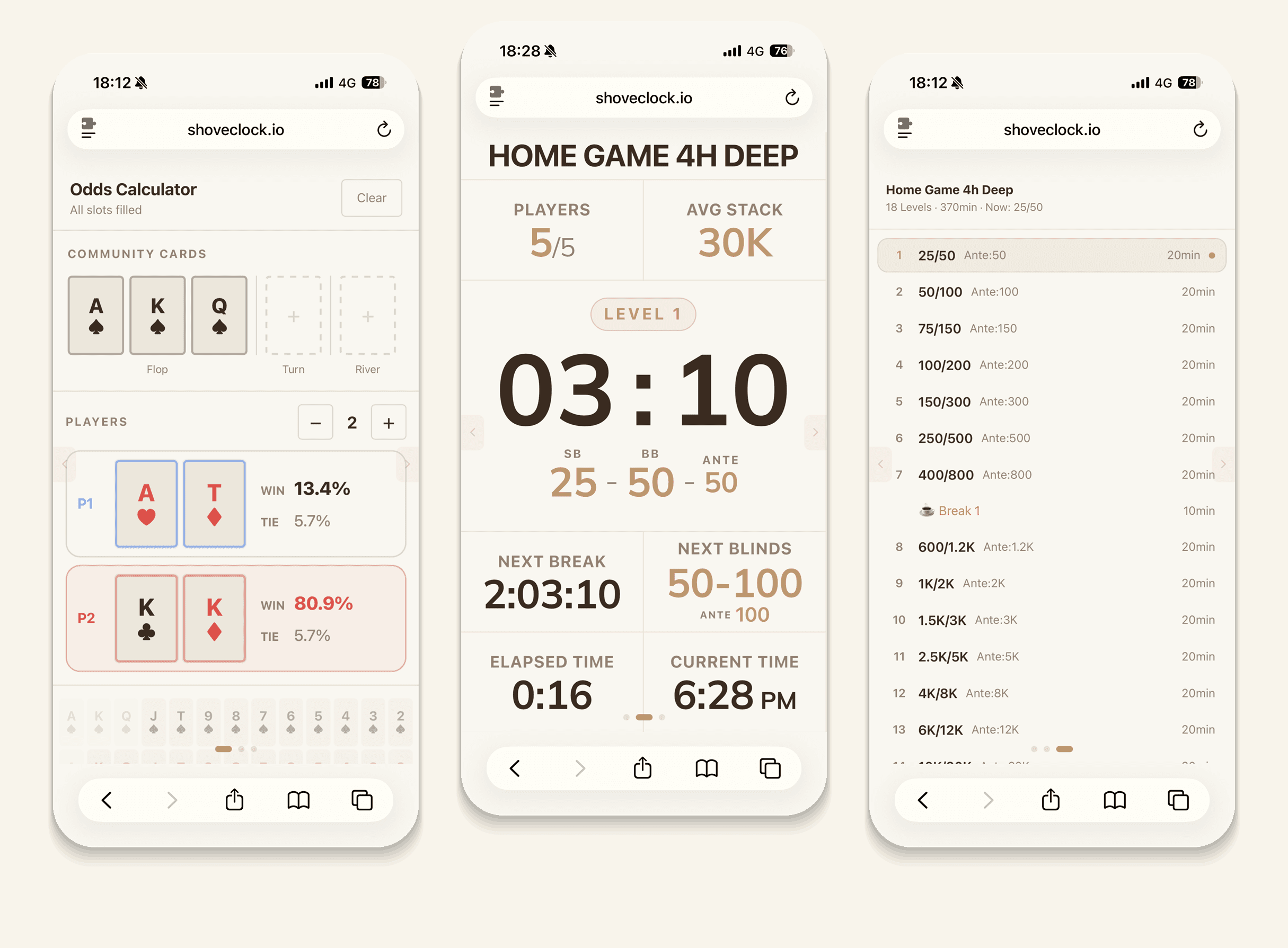 SHOVECLOCK mobile views — timer, odds calculator, and blind structure