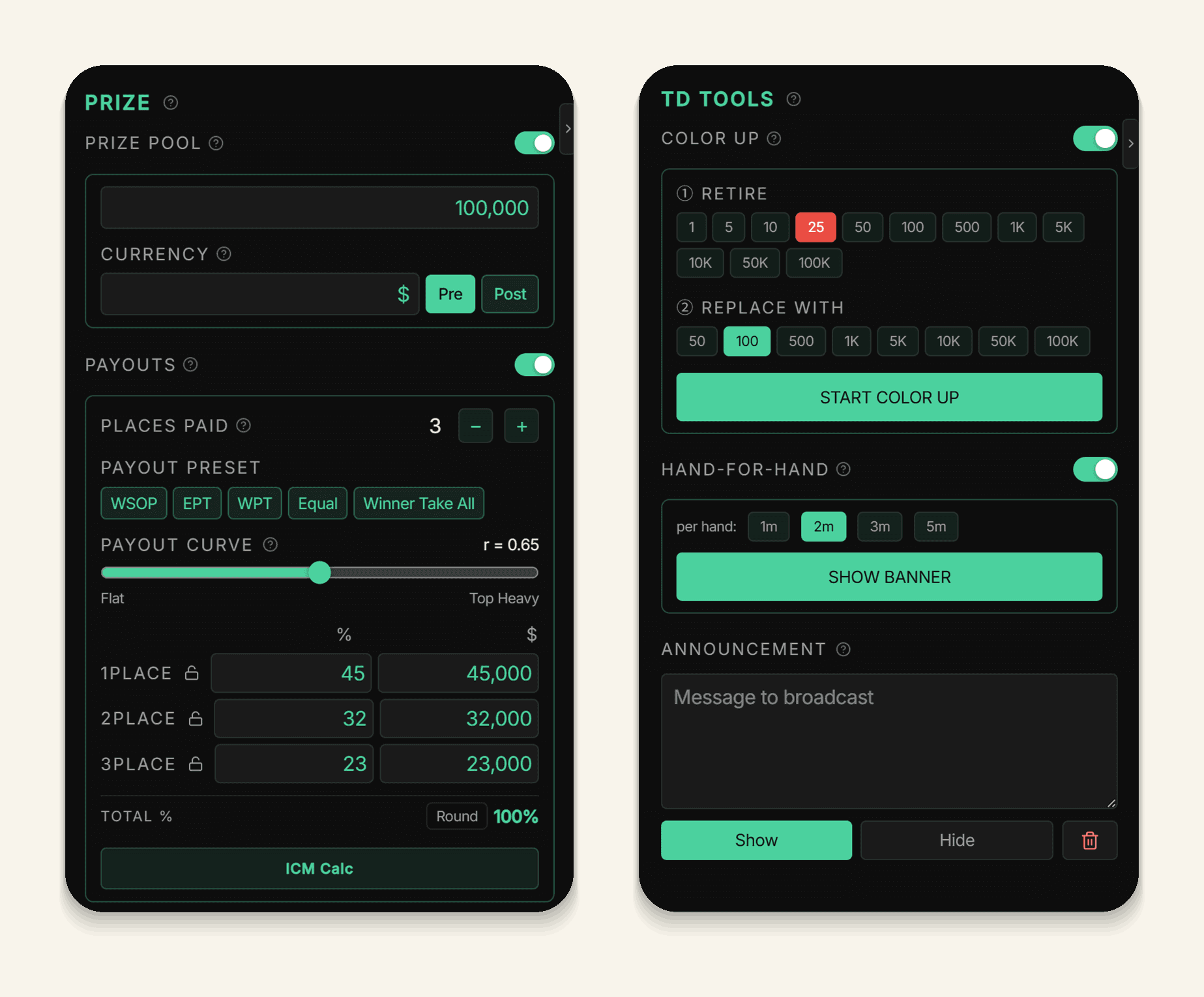 SHOVECLOCK prize pool and TD tools panels