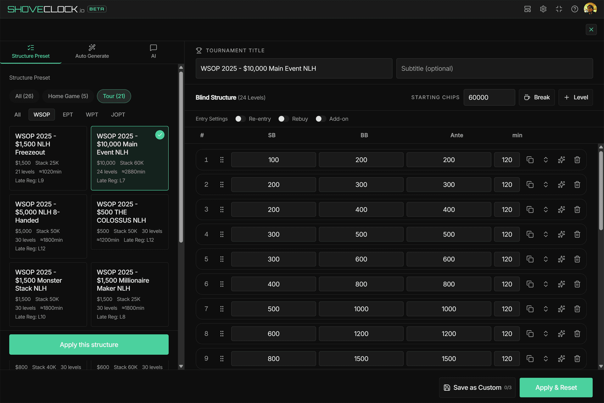 SHOVECLOCK blind structure editor with official tour presets